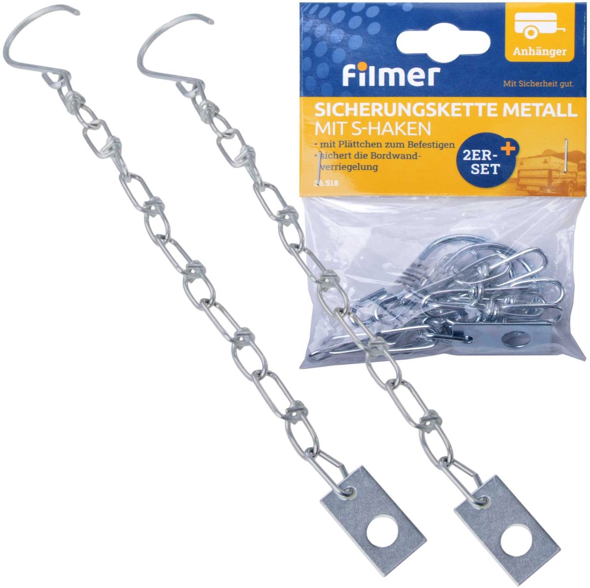 2x Veiligheidsketting 24cm met haak + plaat zijwandsluiting ketting autoaanhanger