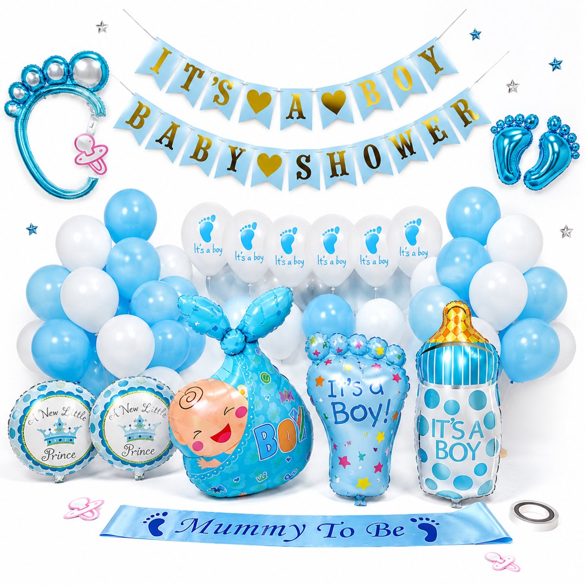 Fienosa Babyshower Ballonnenset Jongen – 38-delig – Baby Shower Versiering – It's a Boy Blauw Decoratie – Gender Reveal - Geboorste geslacht - Inclusief Folieballonnen, Sjerp & Banner