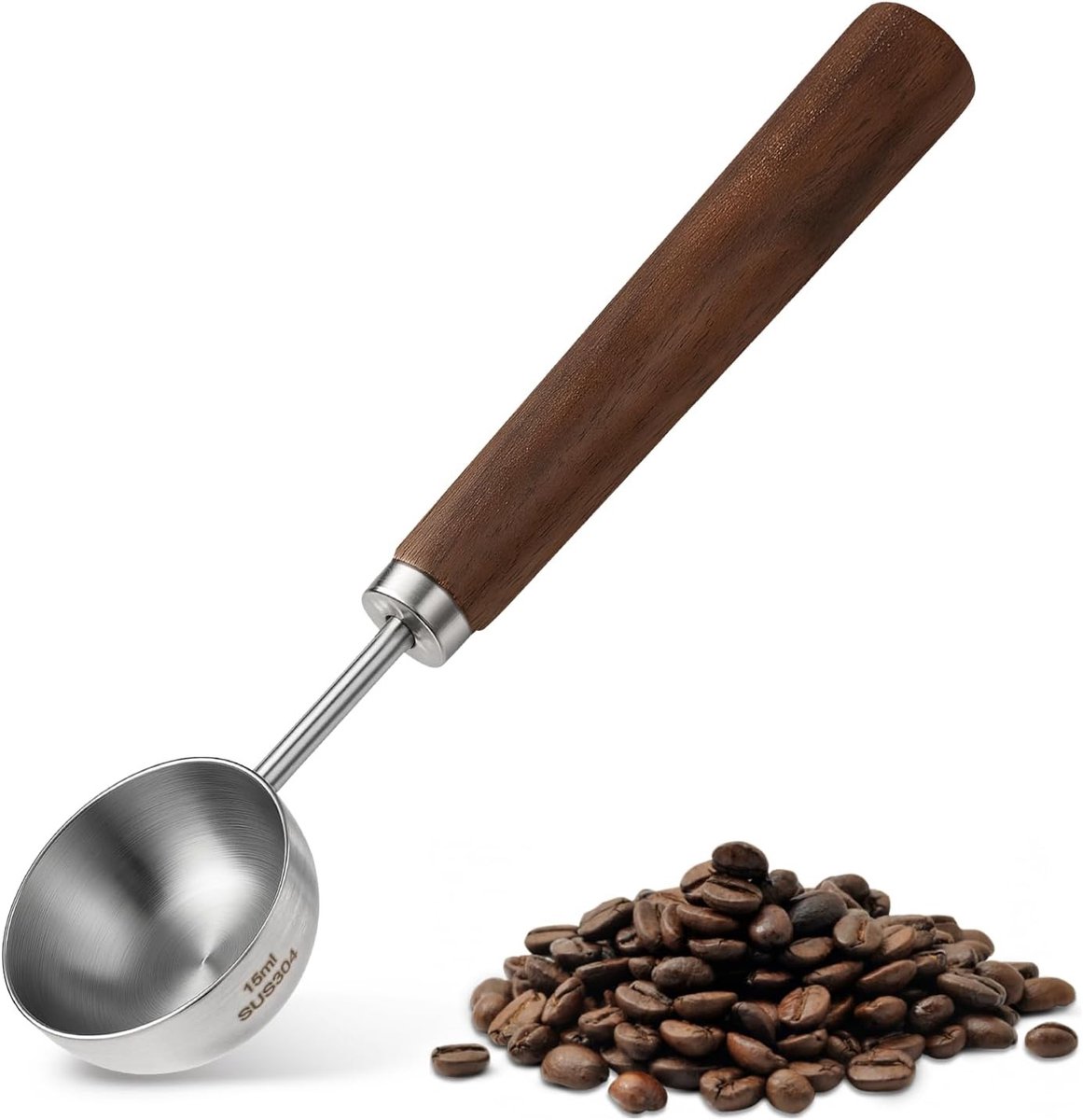 Vintage Maatlepel voor Koffie - 15ml RVS Maatbeker met Houten Handvat voor Koffie, Thee en Poedergebruik