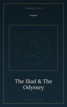 Livre intitulé 'The Iliad & The Odyssey' sur fond bleu foncé avec des bordures dorées.