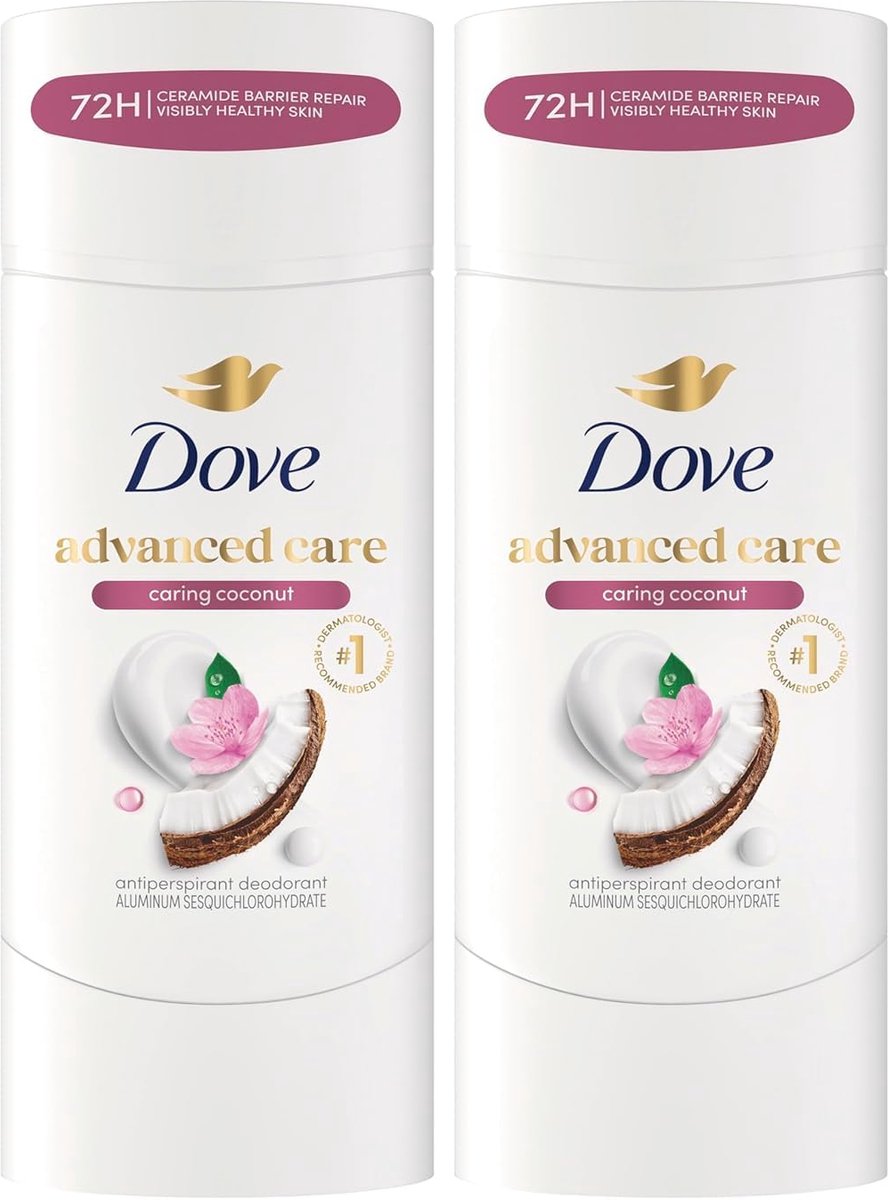 Dove Advanced Care Caring Coconut Anti-Transpirant Stick – 72 Uur Bescherming – 147 g 2 stuks