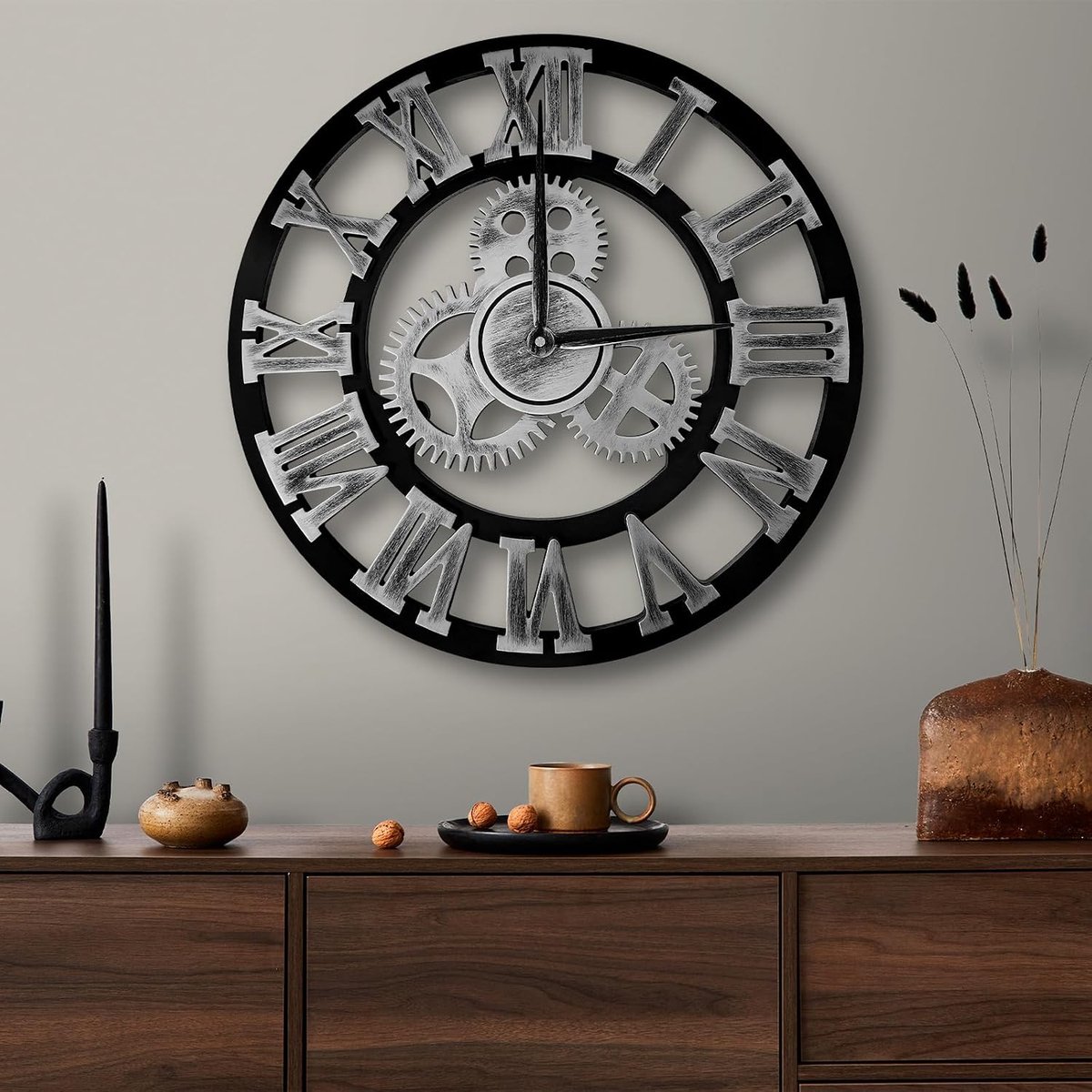 SnelShoppen - Stille Quartz Wandklok Vintage Houten Klok met Romeinse Cijfers voor Woonkamer Keuken Café Decoratie Cadeau