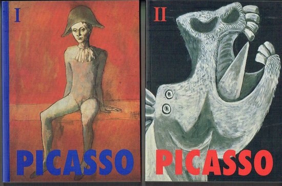 Boek "PICCASSO" deel I met jongen in circuskostuum, deel II met monster.