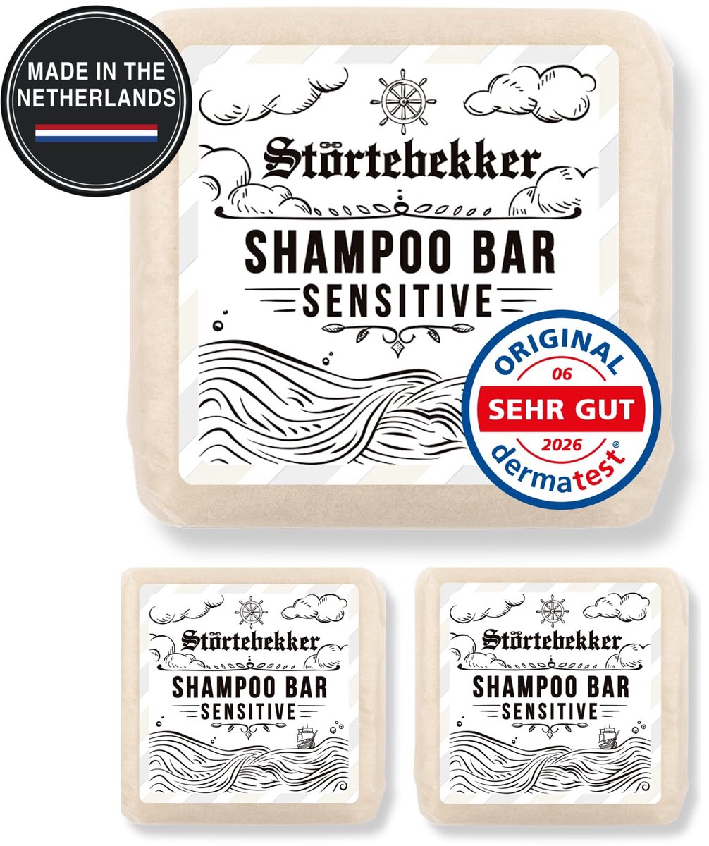 Störtebekker® Premium Shampoo Bar Sensitive - pH-neutraal & milde vaste shampoo - vaste douchezeep milde reiniging zonder uit te drogen - Hydraterende shampoo voor een droge hoofdhuid - vegan & handgemaakt - 100 g Sensitive Shampoo Bar