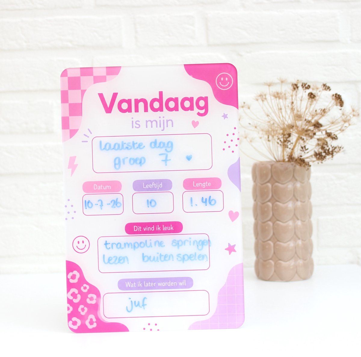 Eerste & laatste schooldag invulbord – Herbruikbaar plexiglas schoolbord – Back to School – Nieuw schooljaar – Happy pink