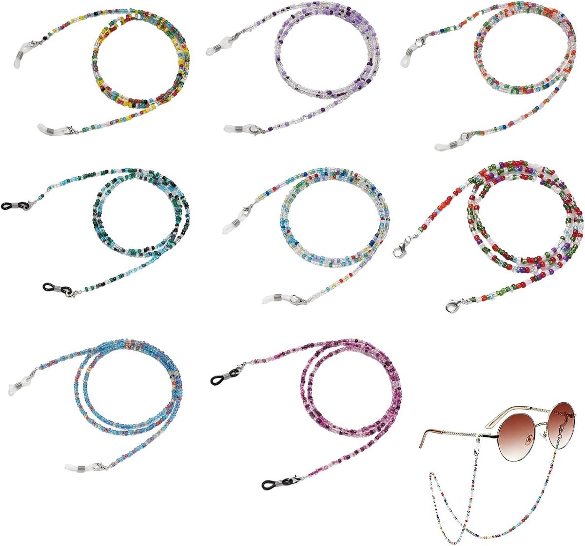 Verstelbaar Brilkoord met Kralen - 8 Stuks Parel Brilketting voor Dames en Heren - Ideaal voor Zonnebril, Leesbril en Sportgebruik - Kleurrijke Brillenhouder voor Dagelijks Gebruik