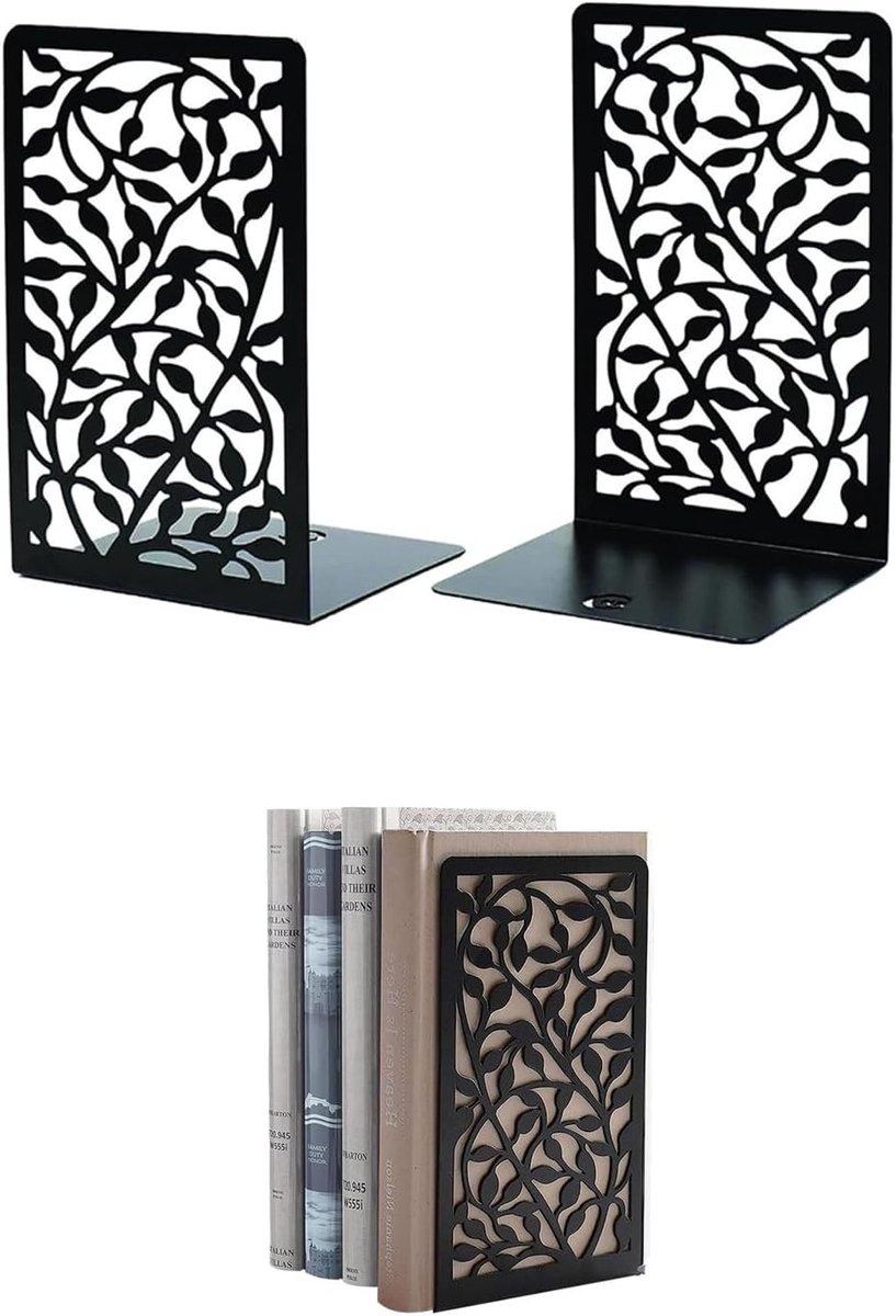 Set van 2 L-vormige boekensteunen van zwart metaal met antislip onderkant, ideaal voor boeken, dvd's en decoratie in huis en kantoor