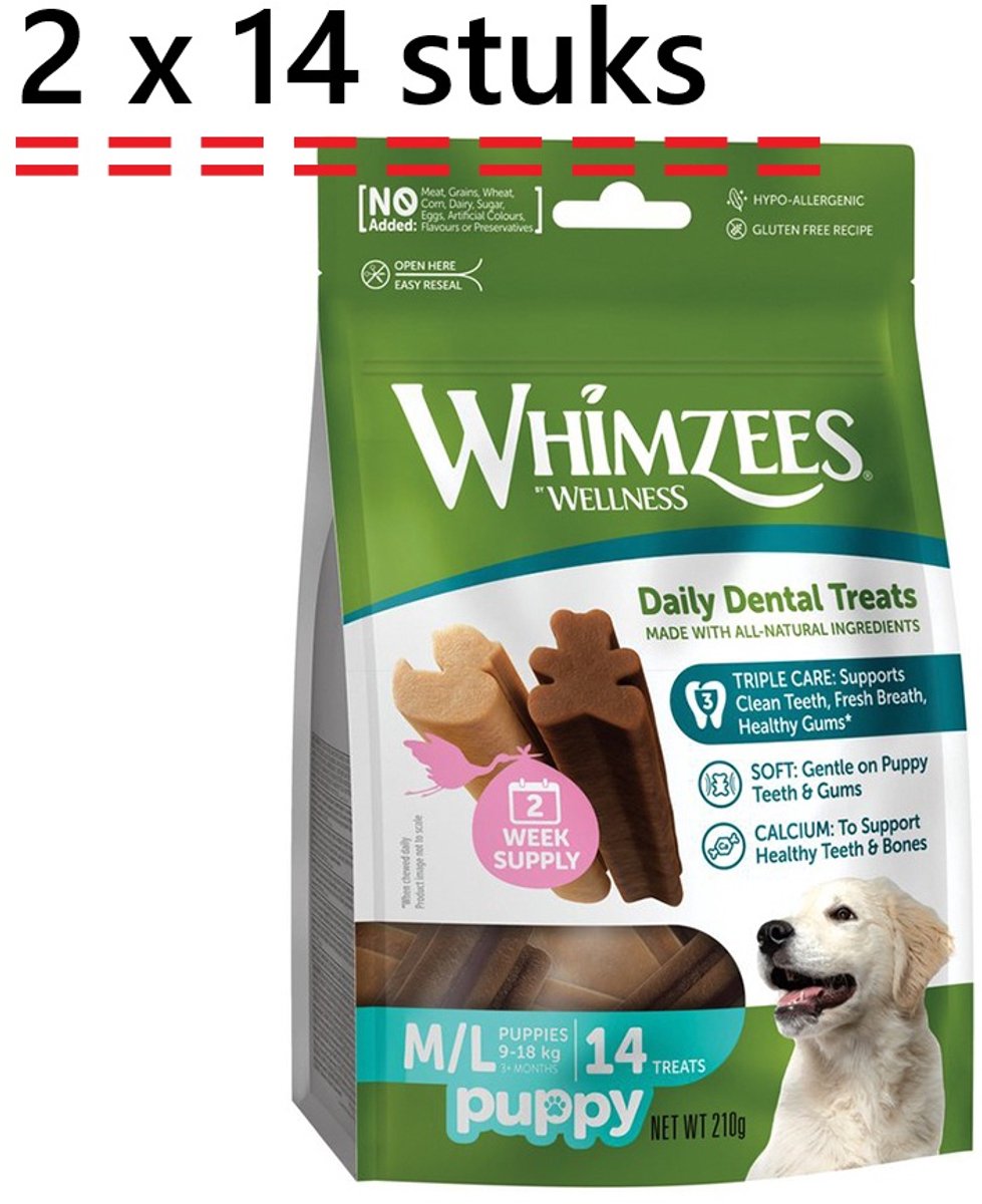 Whimzees puppy dental daily treats - 14 stuks - M-L (9-18kg) veggie - 210 gr - *** 2 X *** hypo-allergeen - glutenvrij - gezond en lekker - tandverzorgend -