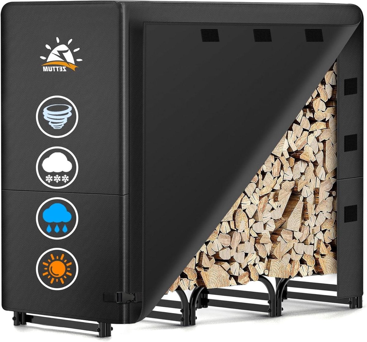 Metalen Haardhoutrek - Houtopslag Buiten - Haardhout Opslaan - Waterdichte Deksel - 121 x 35 x 121 CM - Zwart
