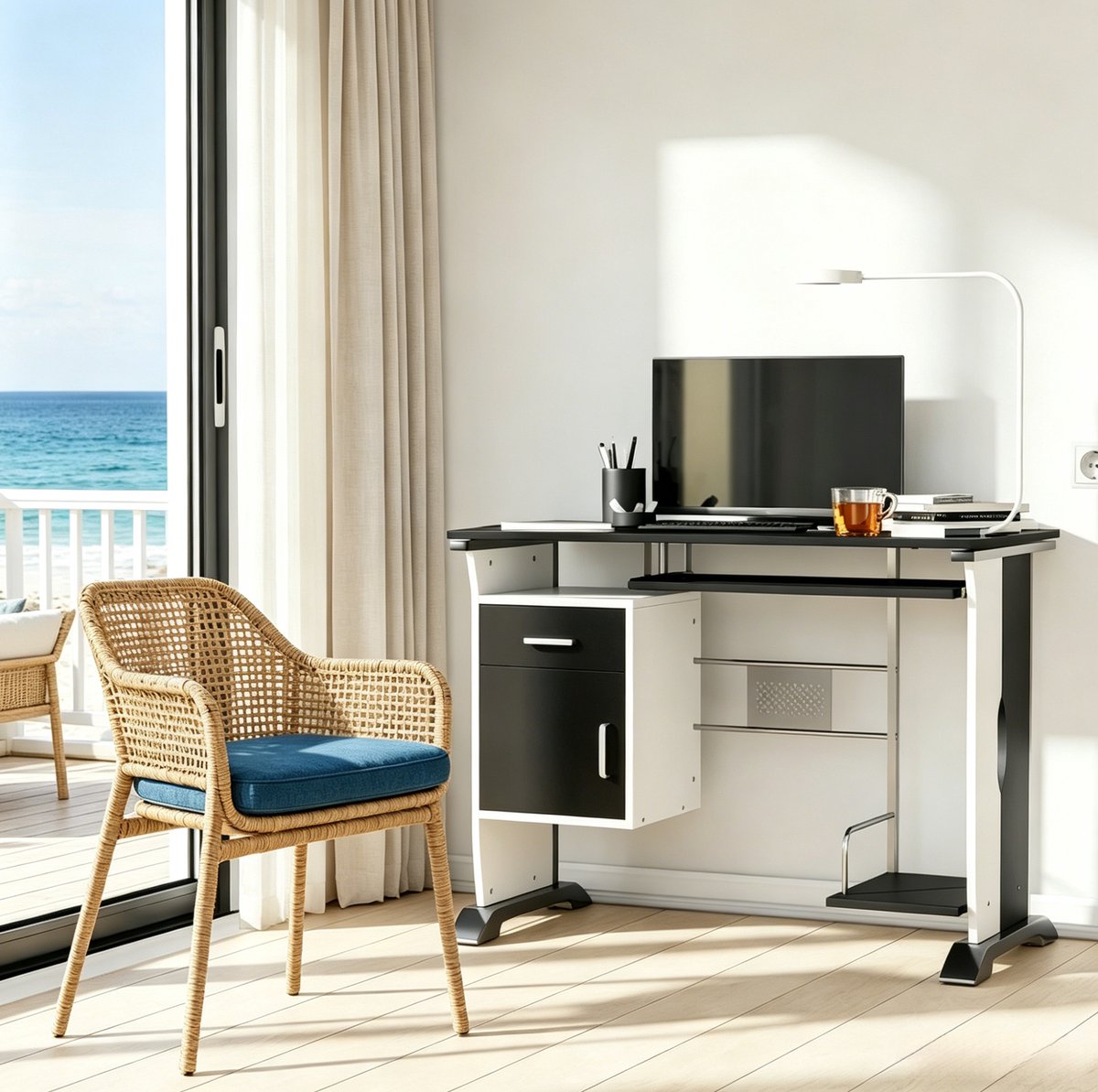 Wishdor Gaming bureau - computer bureau met opslagruimte - Met lade, kast en toetsenbordlade - MDF en metaal - Zwart wit zilver - 100 x 52 x 75 cm