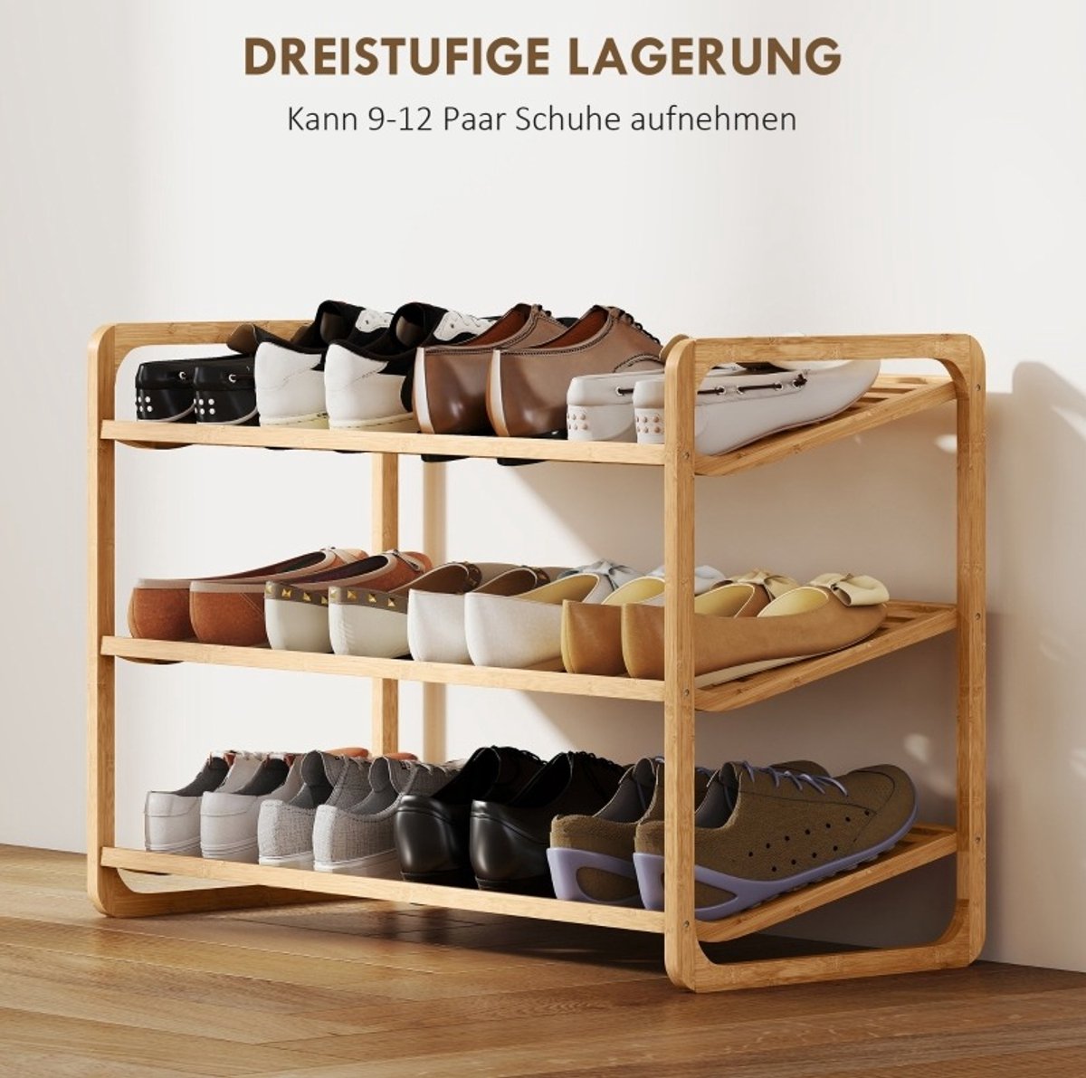 Schoenenrek Praktisch 3 Laags 76 X 33 X 50 8 Cm Bamboe Natuurlijke Houtkleur Voor Hal En Slaapkamer Met Open Opbergruimte En 30 Kg Draagkracht