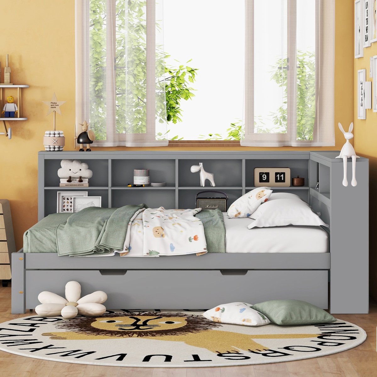 COVREO Bed 140x200 cm grijs hout met USB en opbergvakken, zonder matras Gray