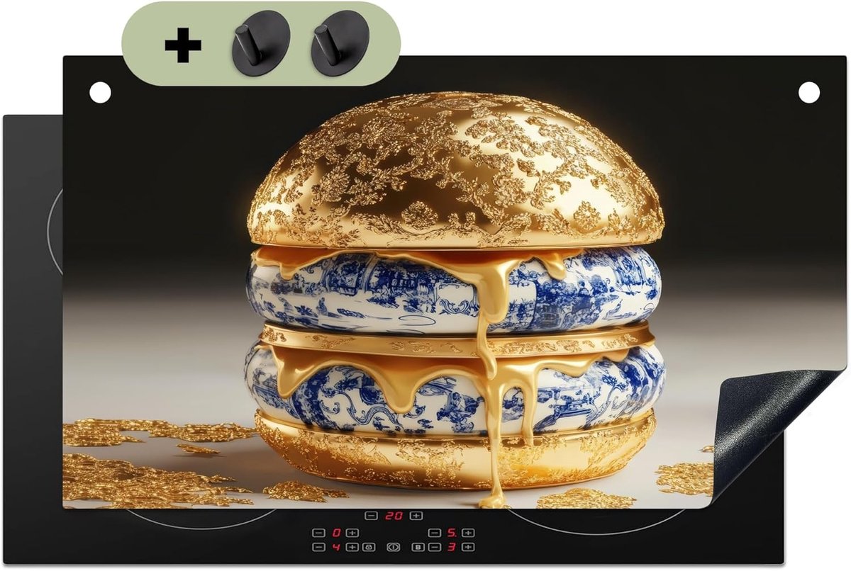 SnelShoppen - Inductiekookplaat Beschermer 51.5x89.5cm Delft Blauw - Goud - Antislip Mat, Splash Guard - Keuken Decoratie