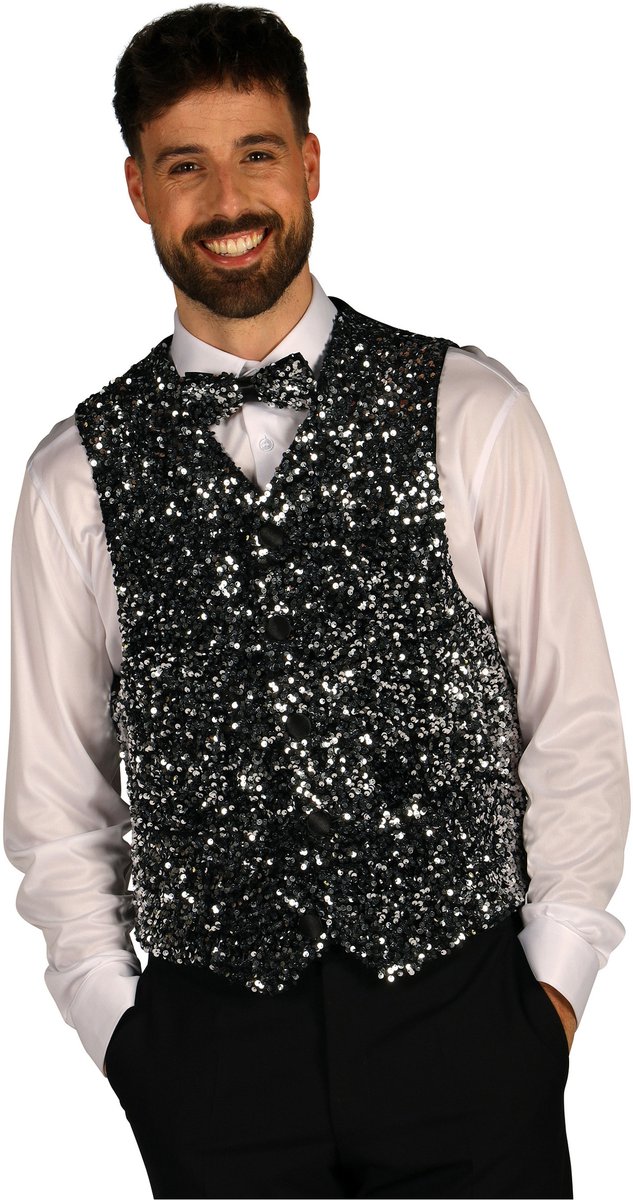 Paillettenvest - Gilet - Zilver-Zwart - Heren - Maat XL