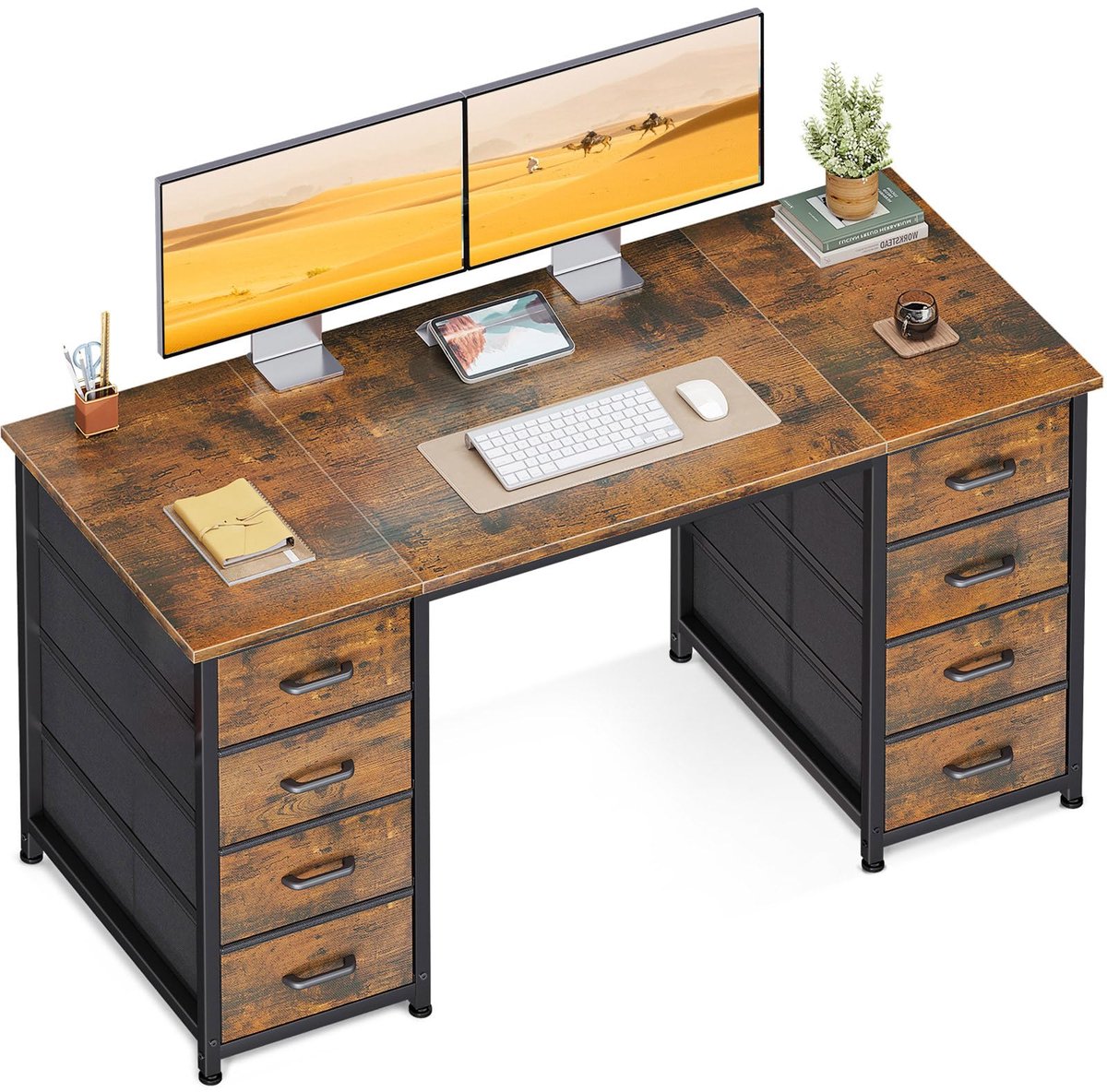 SnelShoppen - Coleshome Bureau met 8 Stoffen Laden, Ruim Computerbureau met Opbergruimte, Kantoortafel voor Thuis, Bruin 120x48cm, Perfect voor Kantoo