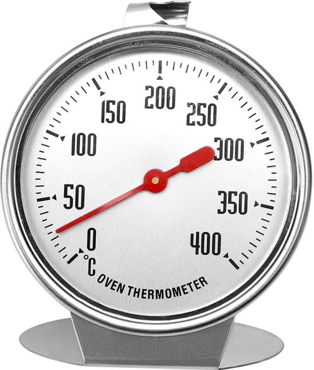 Kookthermometer met grote wijzerplaat - Oventhermometer - Oven thermometer - Roestvrij staal - Meetbereik 0 °C tot 400 °C - Voor op te hangen en neer te zetten