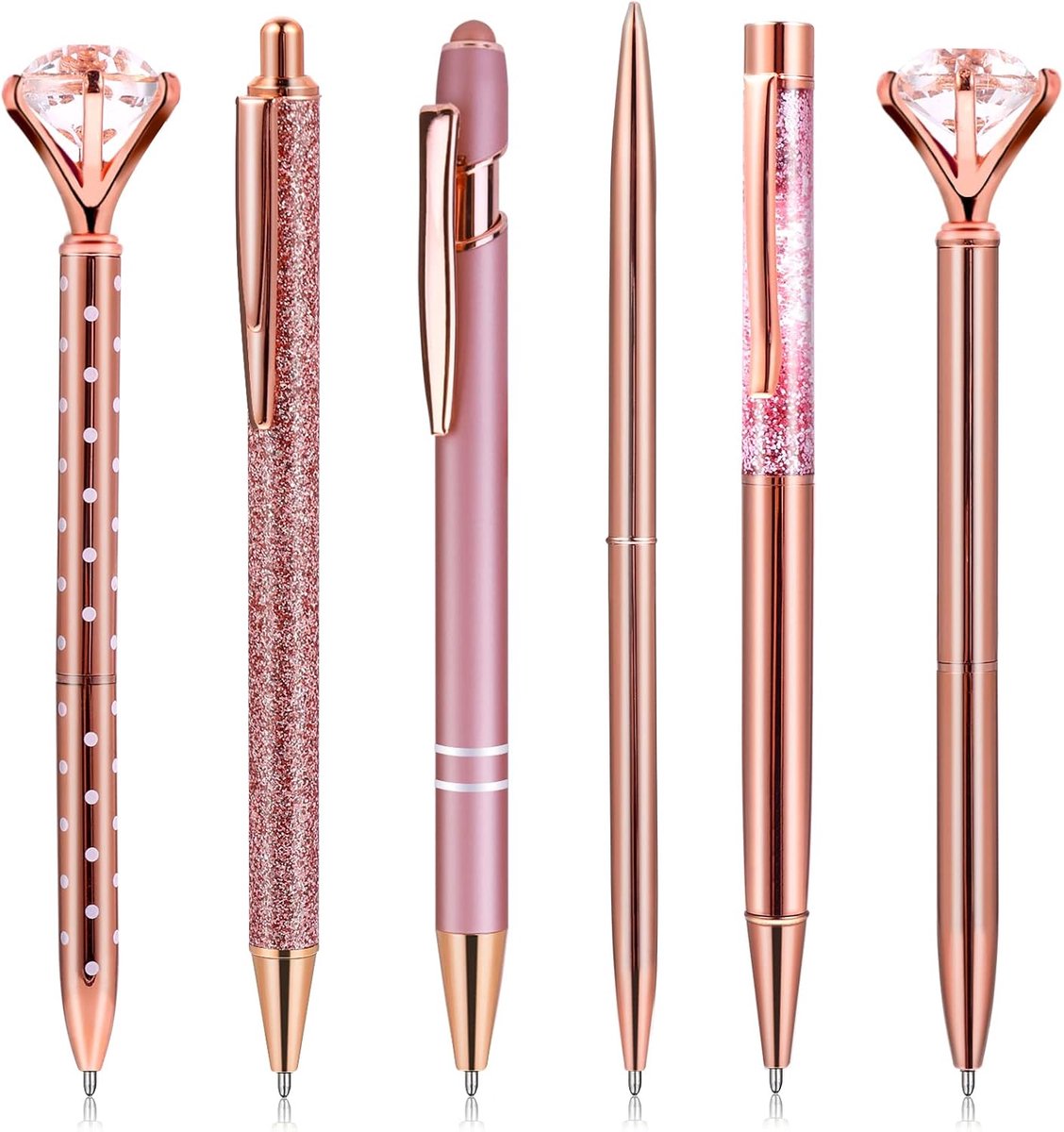 SnelShoppen - 6 Pcs Balpen Set Roze Goud voor Vrouwen - Glitter Metalen Kantoor Benodigdheden voor Schrijven, Kantoor en Thuis, Elegante Kleur en Ontw