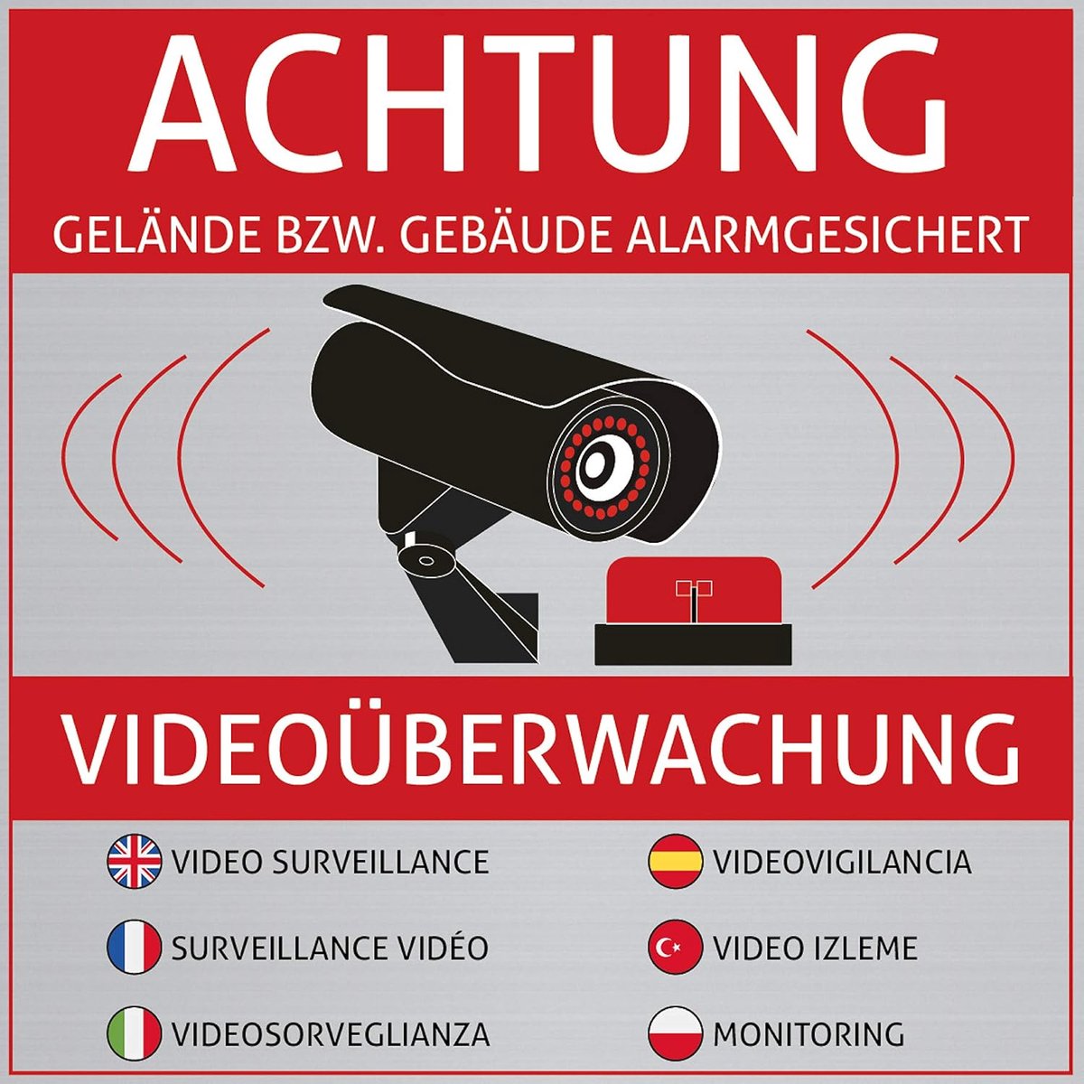 SnelShoppen - 6 x Camera Surveillance Stickers - Waarschuwingsstickers - Alarm Beveiliging - RVS Look - 10 cm x 10 cm - UV Bestendig - Weerbestendig -