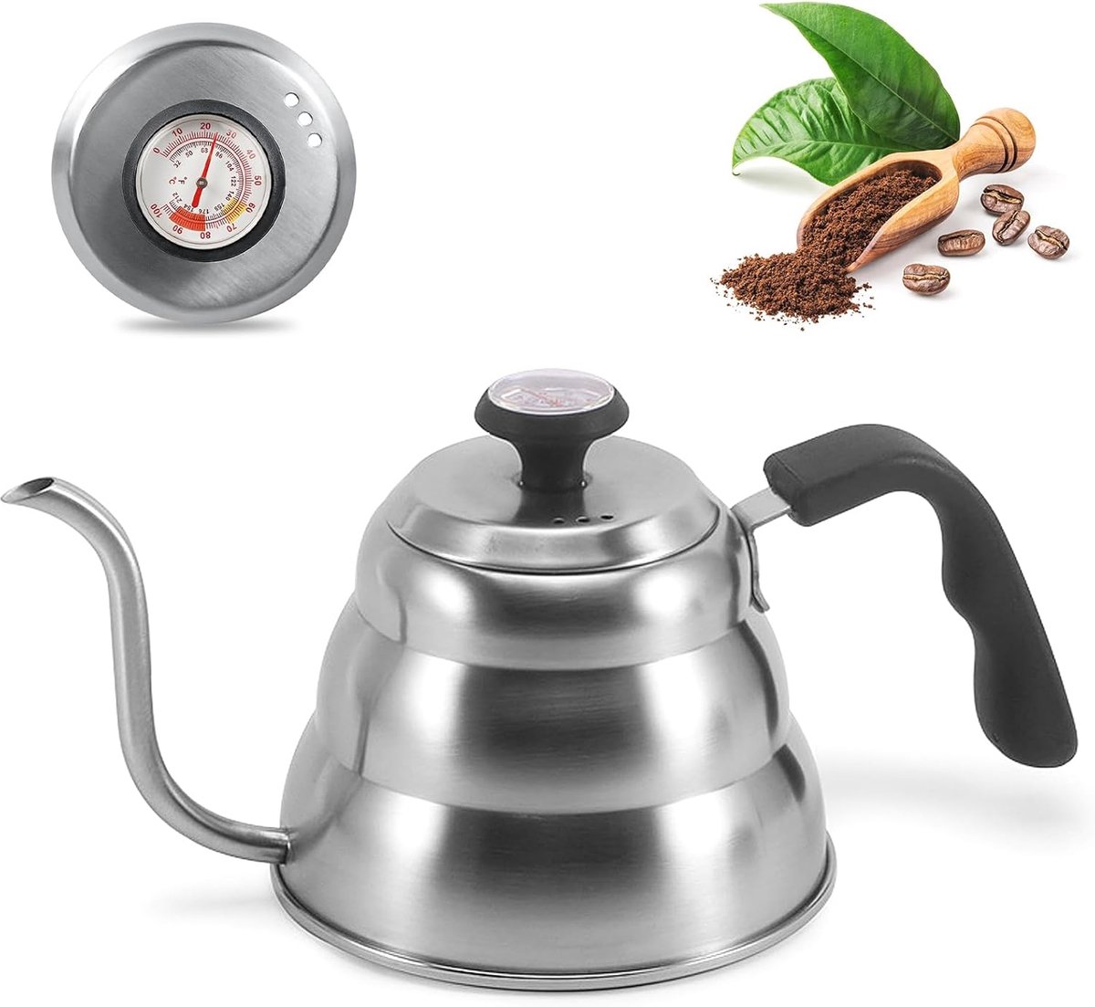 SnelShoppen - Gooseneck Waterkoker met Thermometer - 1 Liter RVS Koffiepot - Duurzame en Makkelijk Schoon Te Maken Kettle voor Alle Hob Types - Ideaal