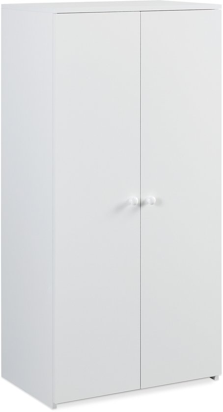 Witte kinderkast met twee deuren en twee ronde knoppen.