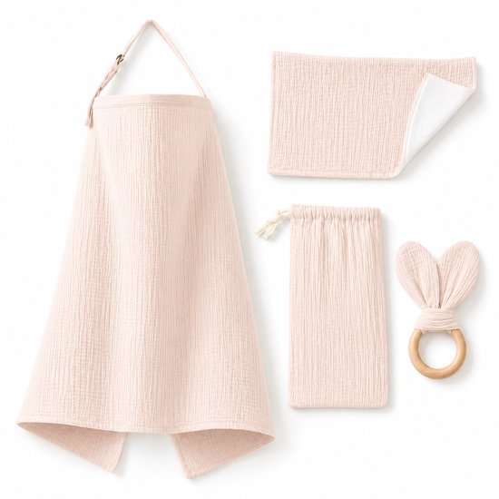 Borstvoedingsdoek Set 4-delig – Voedingsdoek - Hydrofiele Doek - Bijtring & Opbergzakje – Zacht Katoen – Beige