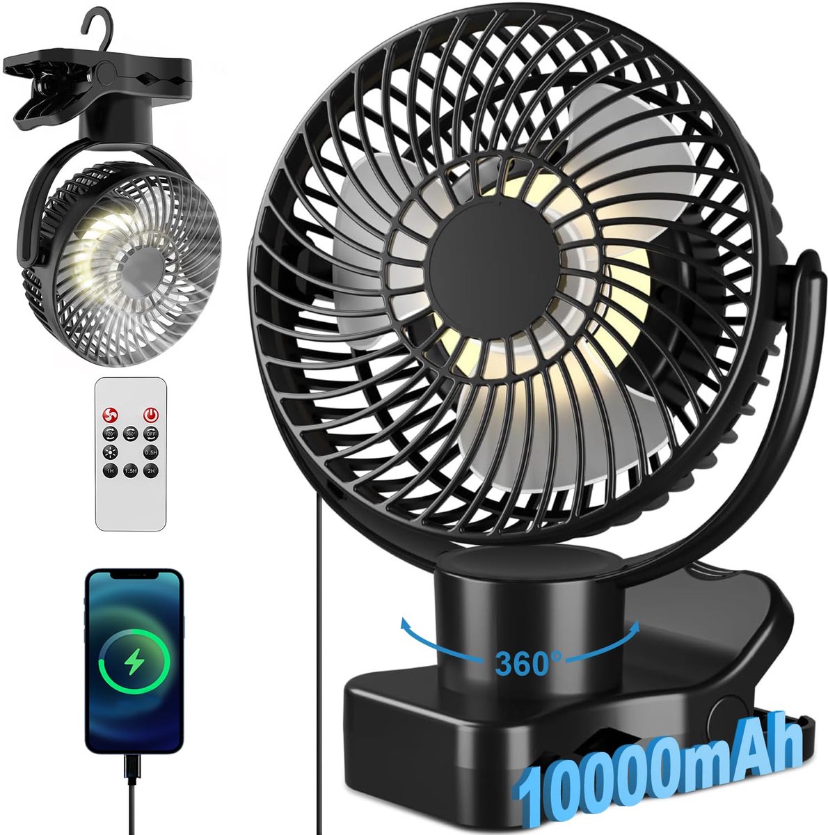 SnelShoppen - 360° Oscillatie Clipventilator met Afstandsbediening, Draagbare USB Tafelventilator met 10.000 mAh Accu, Stille Campingventilator met Ti