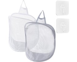 Hangende wasmand - 2 stuks - wasmand aan de muur met zelfklevende haken - waszak om op te hangen - voor hotels, camping en gebruik thuis
