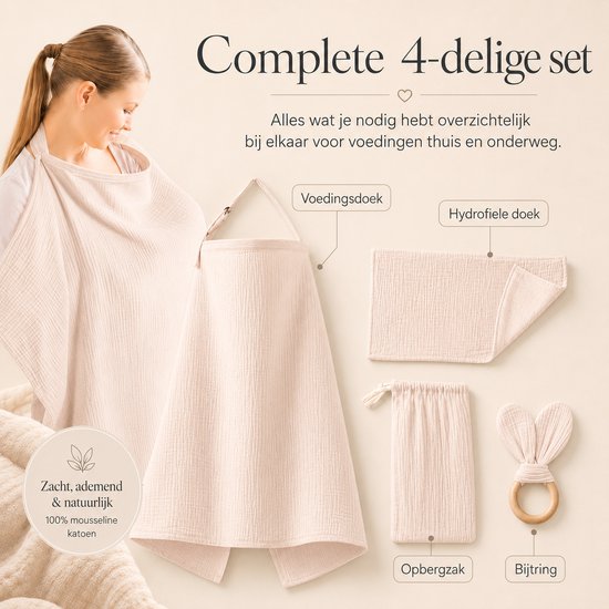 Borstvoedingsdoek Set 4-delig - Voedingsdoek - Hydrofiele Doek - Bijtring & Opbergzakje - Zacht Katoen - Beige — afbeelding 5