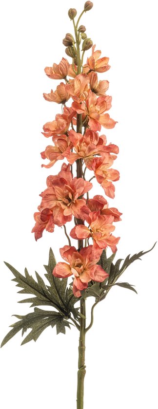 Een oranje ridderspoor kunstbloem met een lange steel, groene bladeren en bloemknoppen.