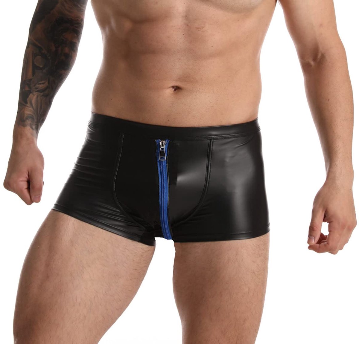 SnelShoppen - Latex-achtige Wetlook Shorts met Rits - Zwart/Blauw - Maat S - Perfect voor Feestjes en Avondjes Uit