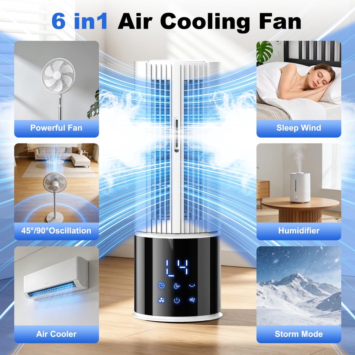 SnelShoppen - Mobiele Airconditioner 6-in-1, Luchtkoeler met 3 Snelheden, Turbo- en Slaapmodus, Mistfunctie en Timer (1-8 uur), 45°/90° Oscillatie, Id