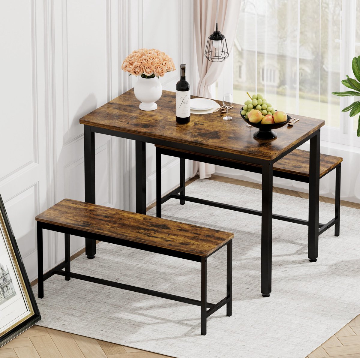 MEUNIQ Esstisch-set 110 x 60 x 75 cm met 2 lange banken, industriële eettafel van spaanplaat en staal voor keuken, eetkamer of woonkamer in rustiekbruin en zwart