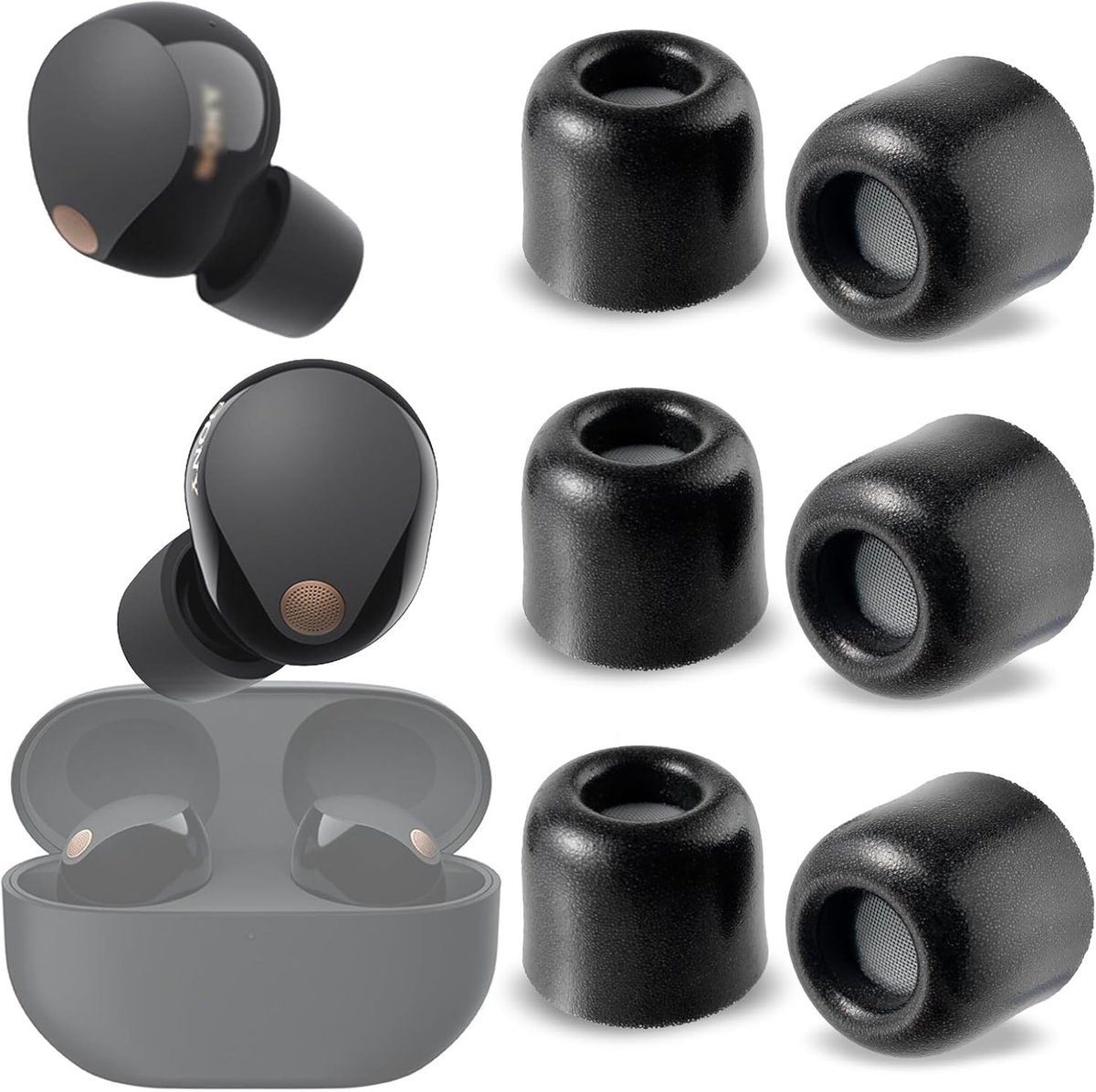 Allecta - Geluidsisolerende oorkussens (3 paar) voor draadloze oortjes met memory foam en stoffilter - Zwart