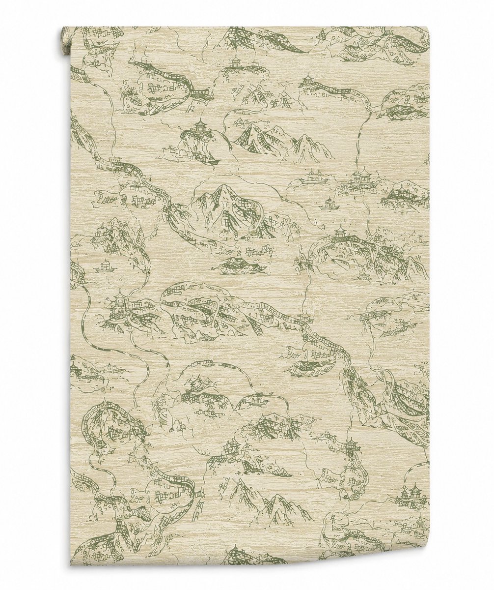 Ronald Redding Designs DV3761 Vliesbehang – Beige/Groen Chinoiserie – 68,58 x 822 cm