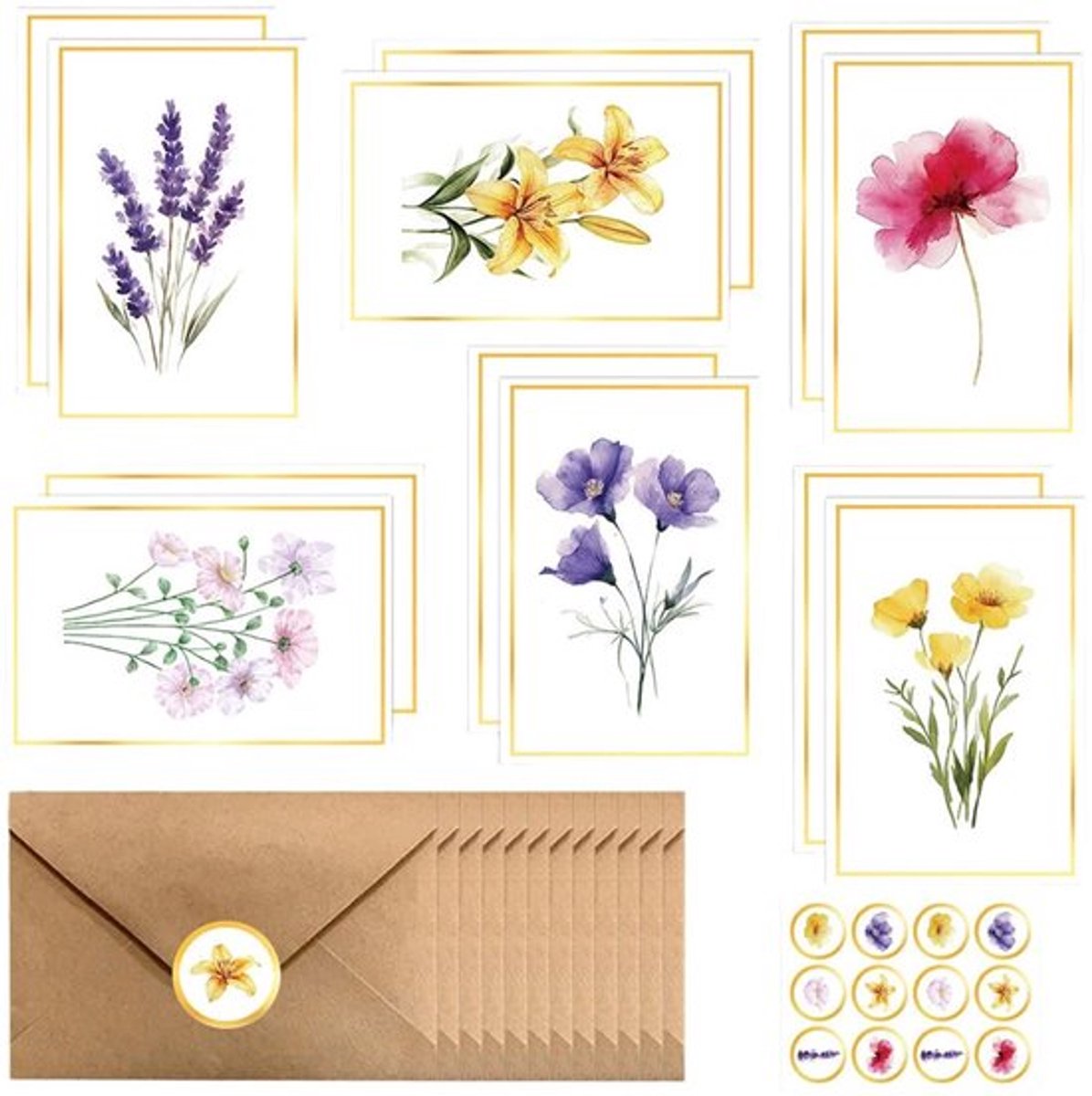 Verjaardagskaarten set - 12 stuks - bloemen - met enveloppen - grappige kaarten - voor bruiloft/feestdagen - aquarelbloemenpatroon - Wenskaarten