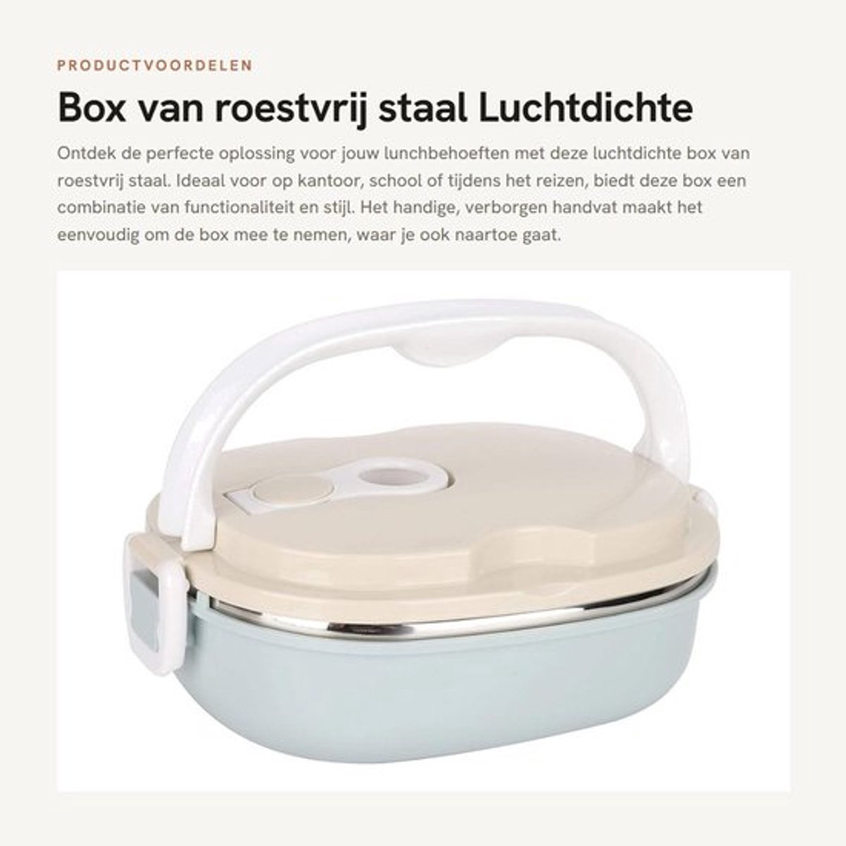 Lunchbox Roestvrij Staal Luchtdicht - Draagbaar - Handvat - 18 x 15 cm - Hygiënisch - Voedselveilig PP-Materiaal - Lunchcontainer