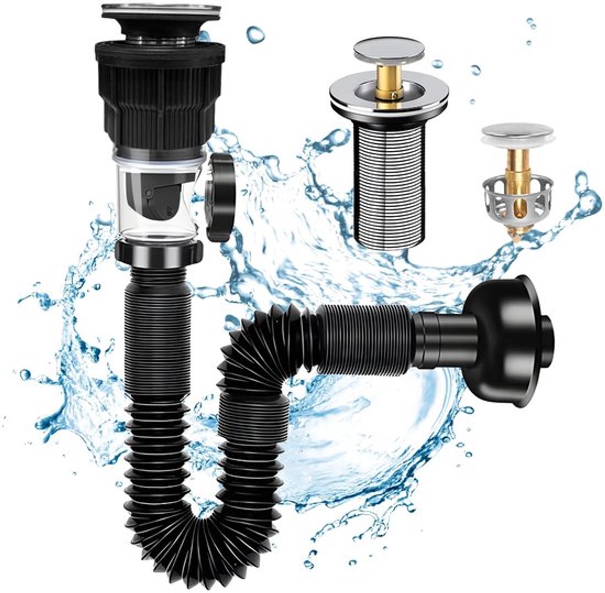 Afvoerpijpset met Anti-geur Plug - Wastafel Sifon Kit - Afvoerset - PVC-Pijp 295-985 mm - Dubbel Afvoerontwerp - Geschikt voor Badkamerafvoeren