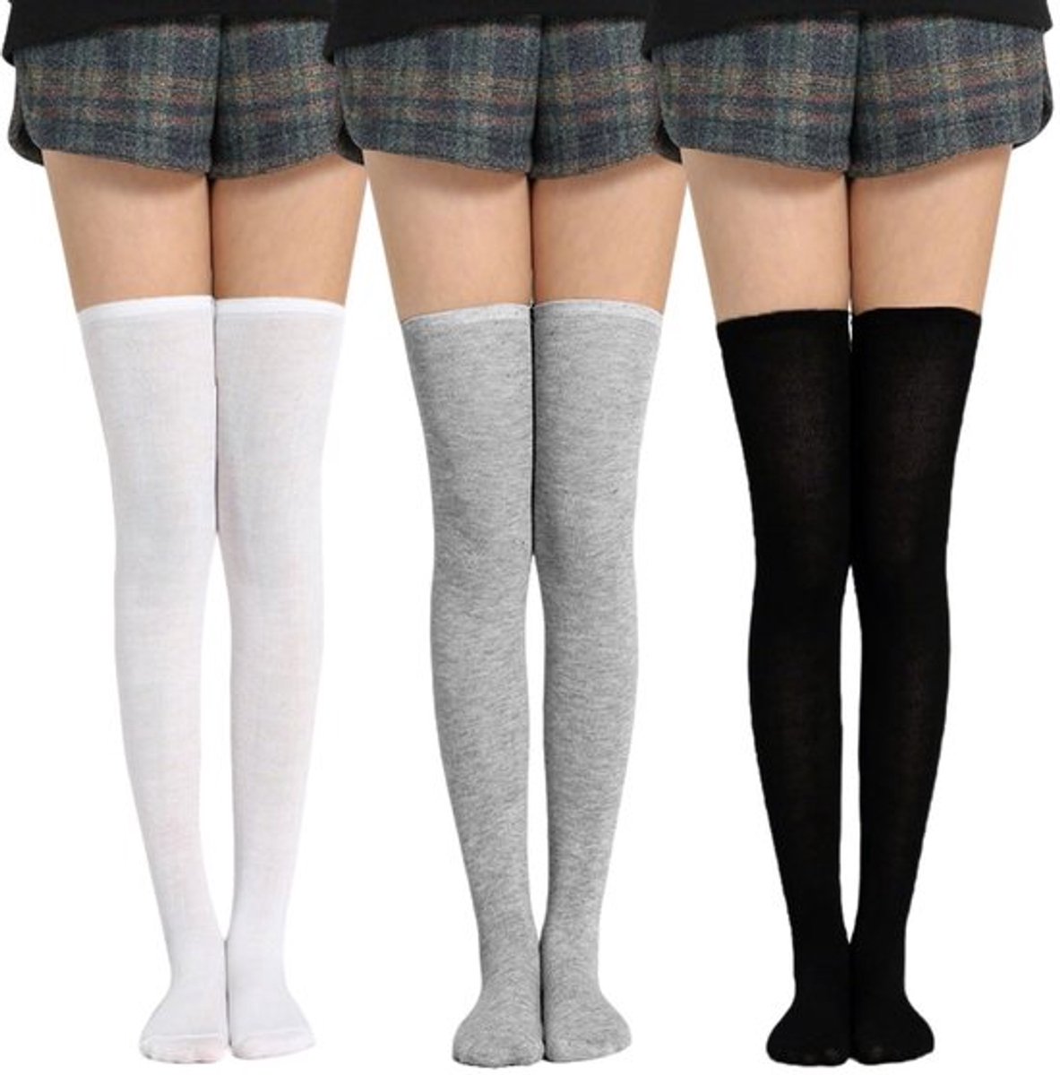 Overknee-kousen 3-pack - Hoge Sokken - Klassiek Zwart/Wit/Grijs - Lange Kousen voor Dames/Meisjes - Hoogwaardig Polyester - Casual Stijl