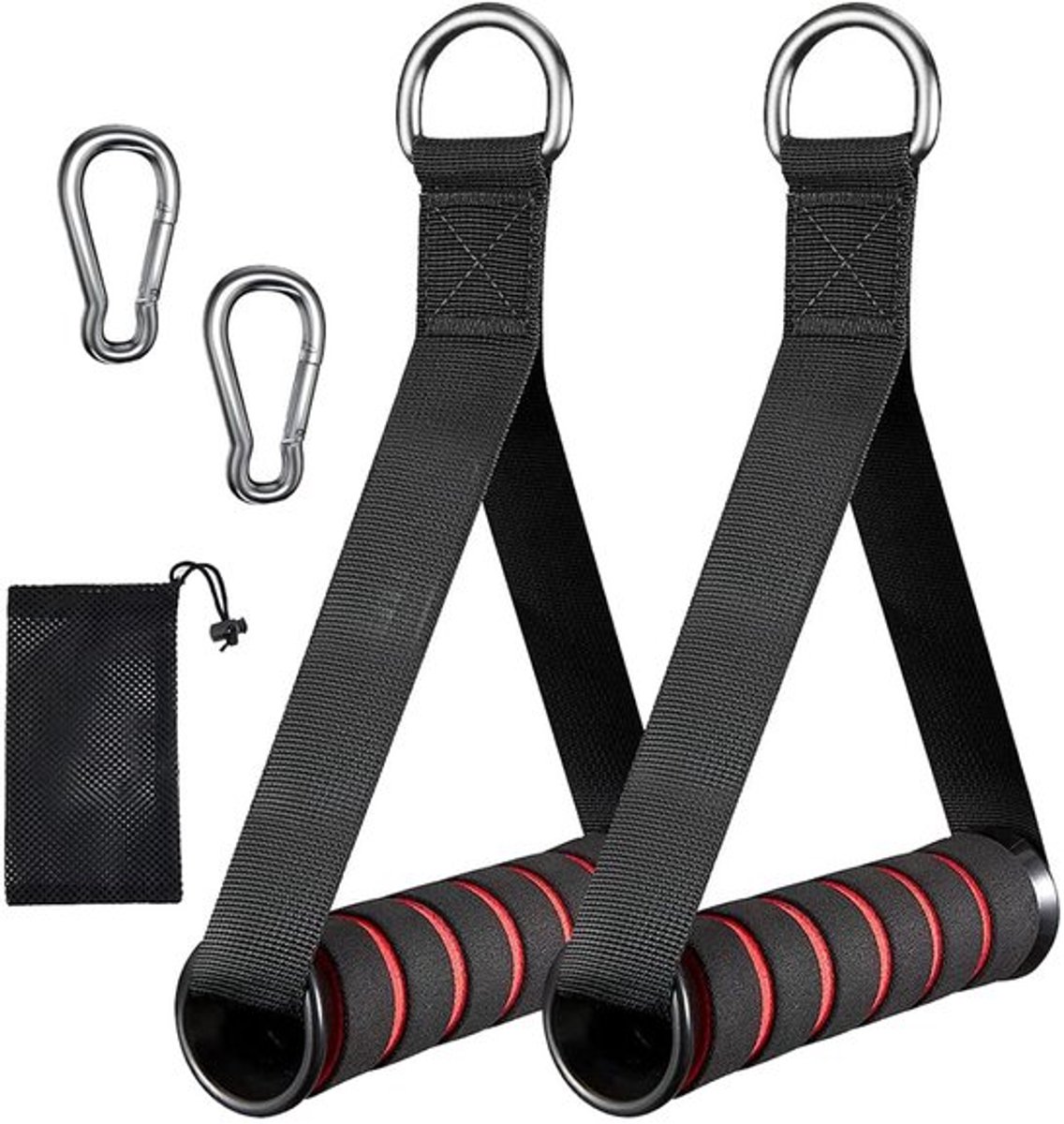 DGN Set van 2 eenhandsgrepen, kabeltrek in rood, fitnessgrepen gymaccessoires, eenhandsgreep gym met 2 haken, gymgrepen voor weerstandsbanden, handvat gym eenhandsgreep fitness voor kracht