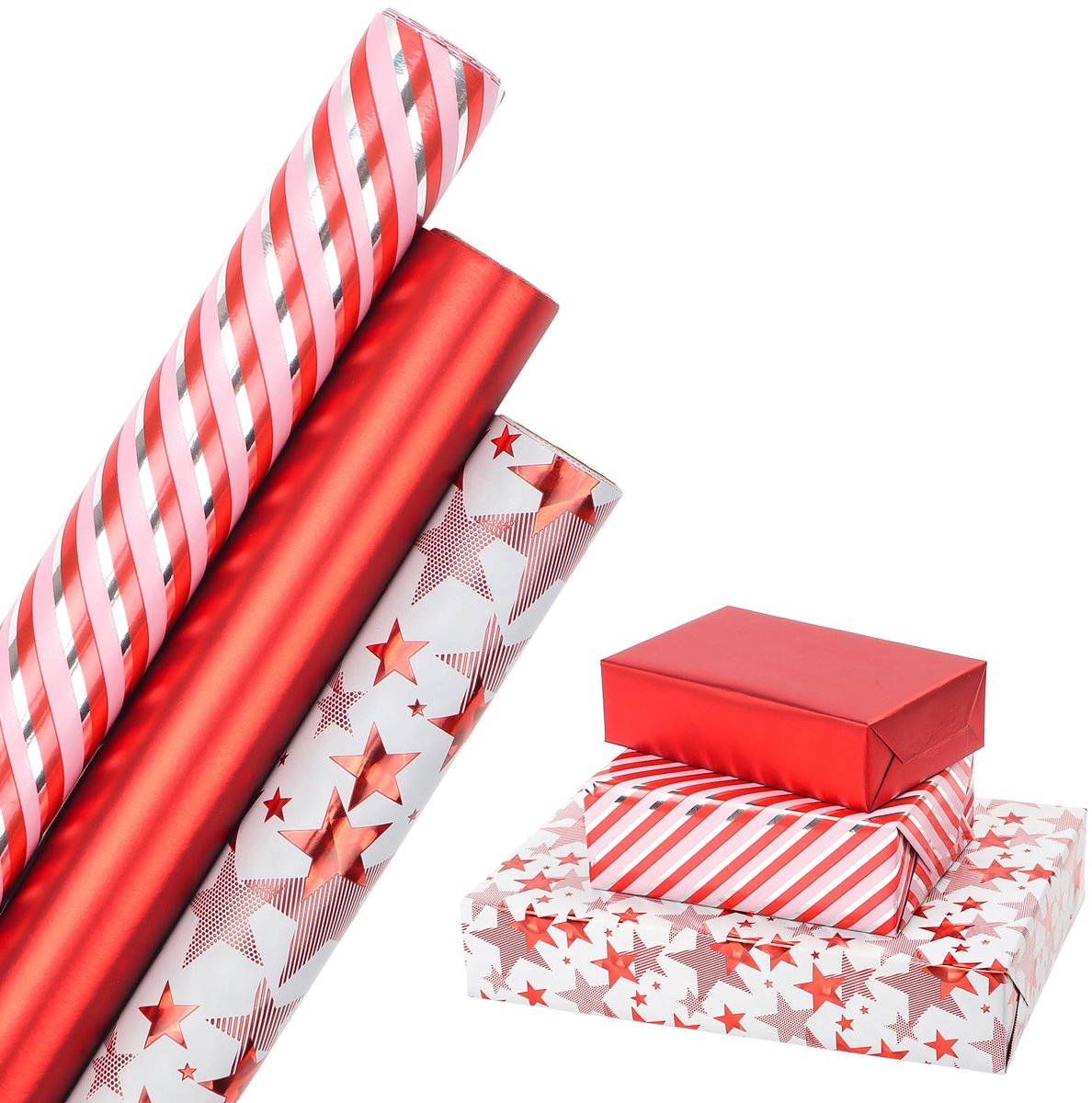 SnelShoppen - Rode kerstinpakpapierrol, 3 rollen 43 cm x 3 m, metallic inpakpapier met sterstreeppatroon voor Kerstmis, verjaardagen en feestelijke de