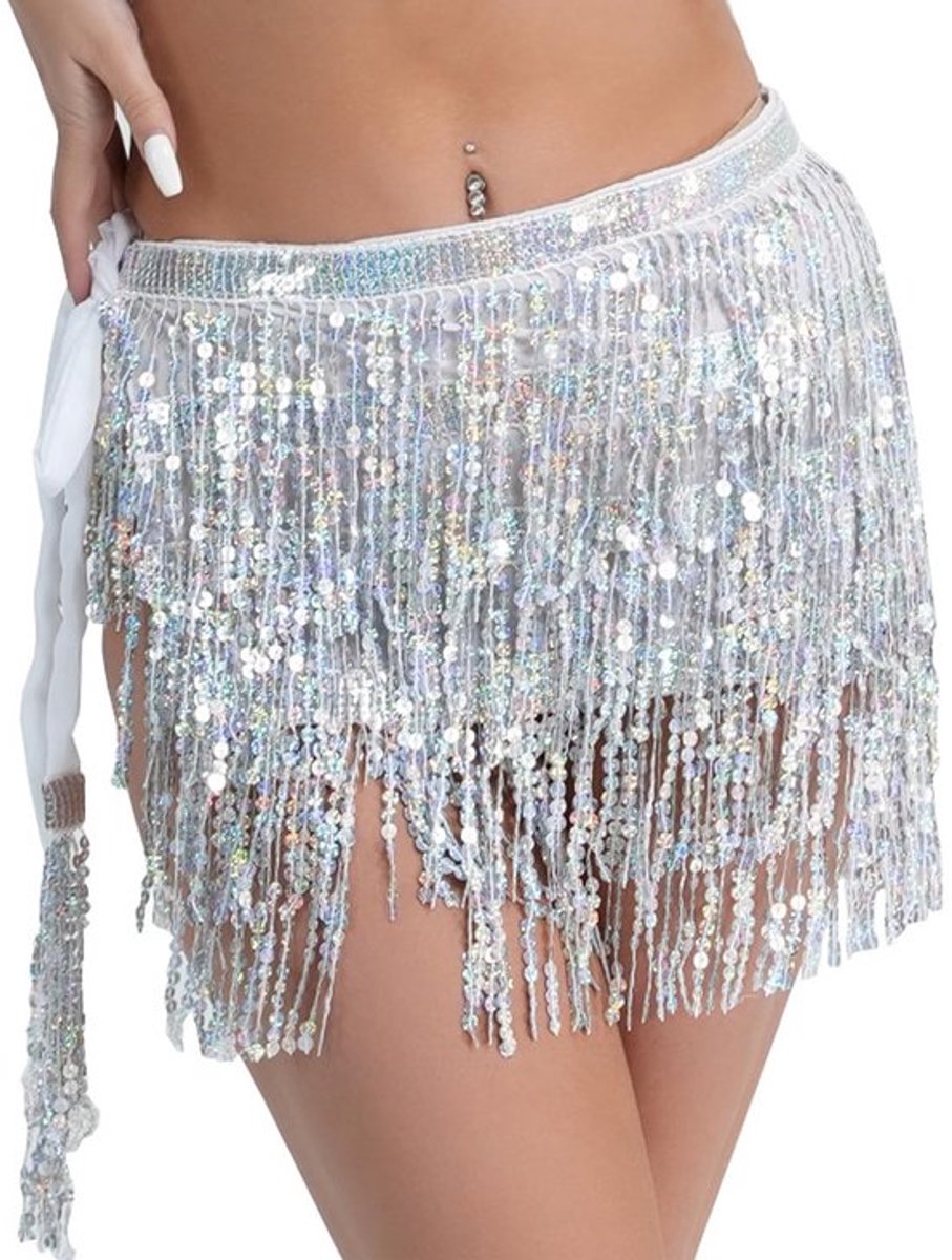 Paillettenjurk - Zilveren Franjesjurk - Danskostuum - Rave-Outfit - Lichtgewicht Chiffon - Uniek Paillettenkwastdesign - Dansrok