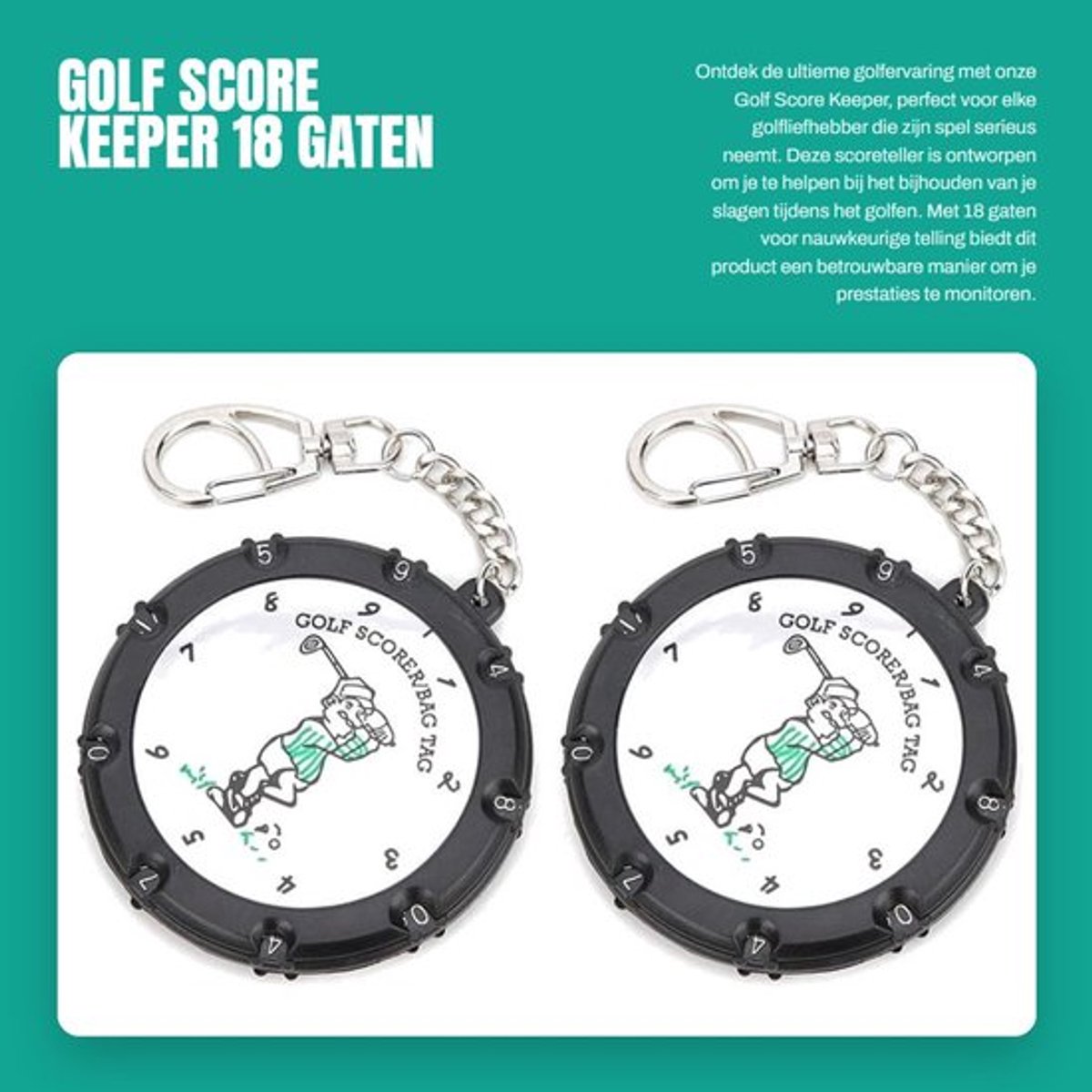 Golf Score Keeper 18 Gaten - Verstelbare Scoreteller - Duurzaam Kunststof - Metalen Accessoire - Sleutelhanger - Lichtgewicht 17 x 7,7 cm