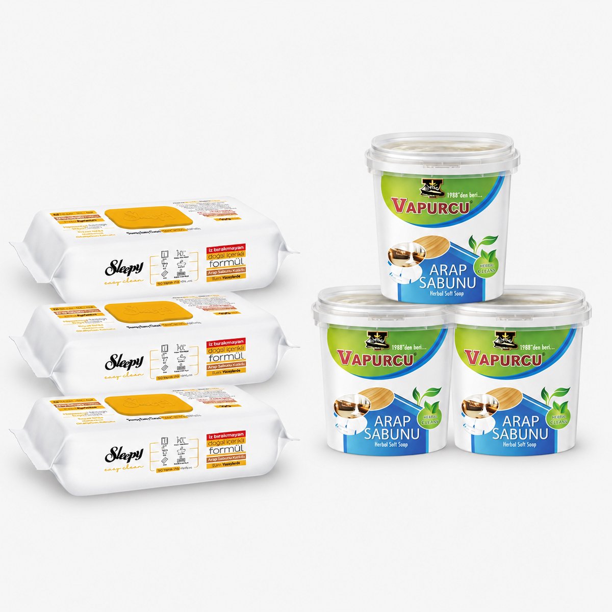 Sleepy Easy Clean & Vapurcu Arabische Zeep Schoonmaakset – 3 x 100 Vochtige Reinigingsdoekjes + 3 x 500 g Zachte Zeep – Voordeelverpakking - Yuzey Temizleme Mendili Arap Sabunu & Vapurcu Jel Arap Sabunu