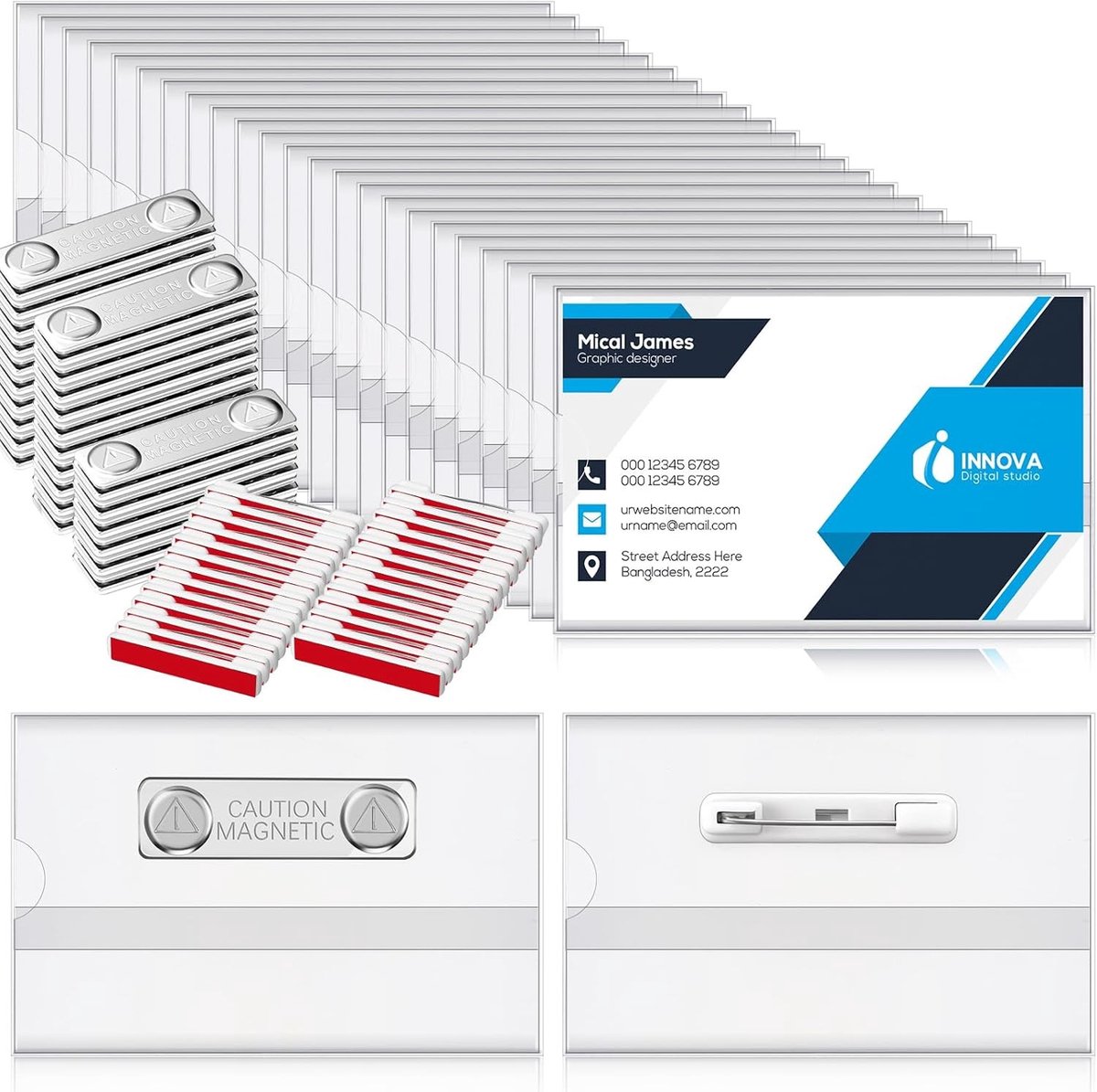 Set van 25 Magnetische Badgehouders met Spelden en Magneten, 90 x 55mm, Ideaal voor Werk, Conferenties en Beurzen