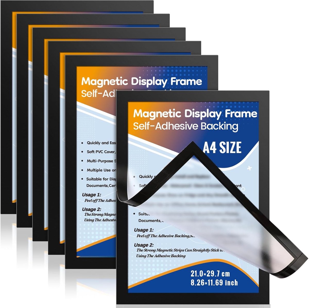 SnelShoppen - Set van 6 magnetische A4 bordhouders voor wandmontage - Zelfklevende displayfotolijsten met sterke magnetische rand - Doorzichtig PVC vo