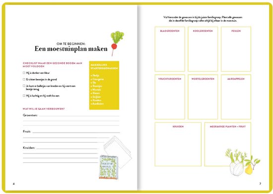 Pagina uit Moestuin Agenda. Bevat een checklist 'Een moestuinplan maken' en grafische indelingen voor groenten en fruit.