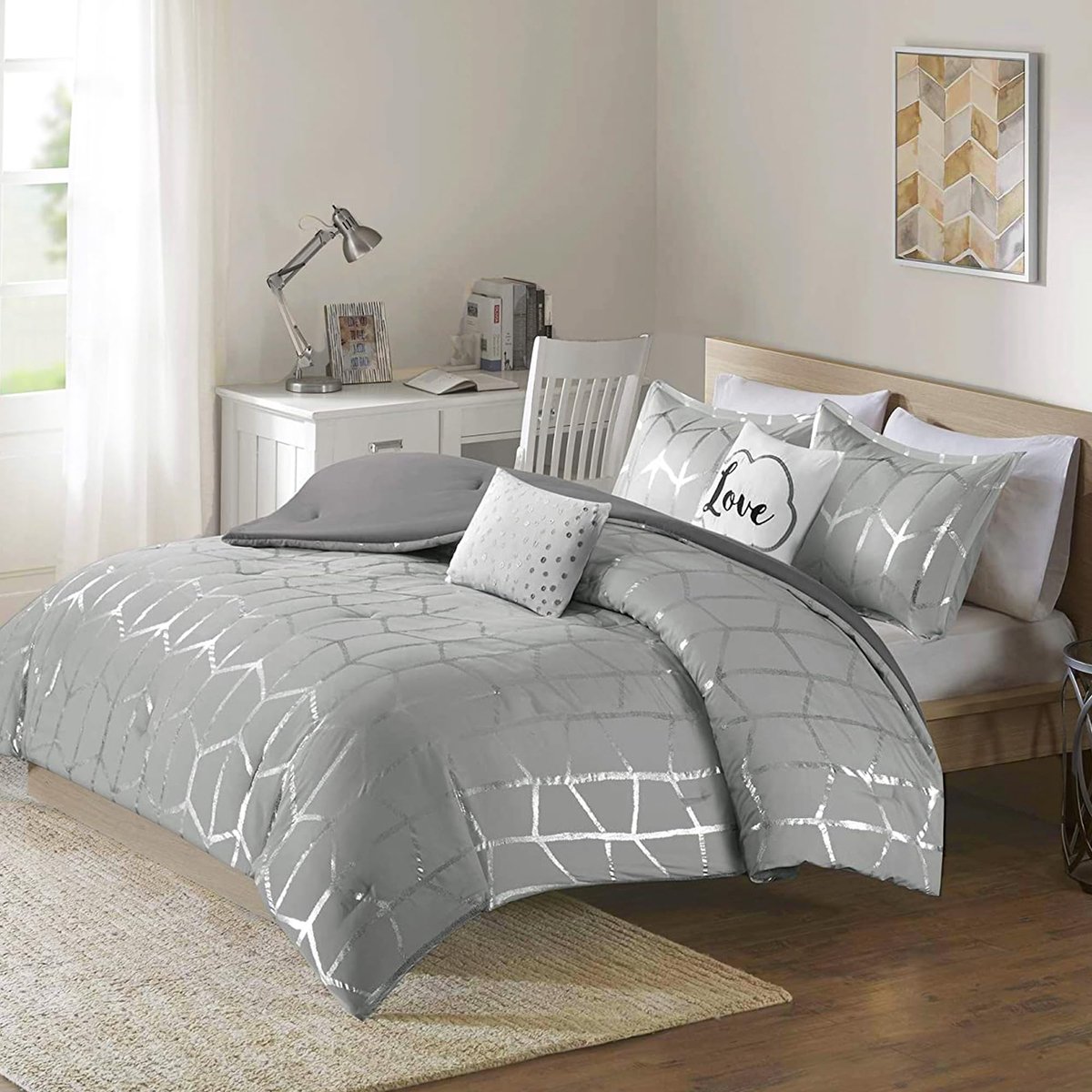 SnelShoppen - Troosterset 5-delig - Grijs - Glam Metallic Zilver Geometrische Print - Hypoallergeen Microfiber Geborsteld - Volledig/Queen - Dekbed, S