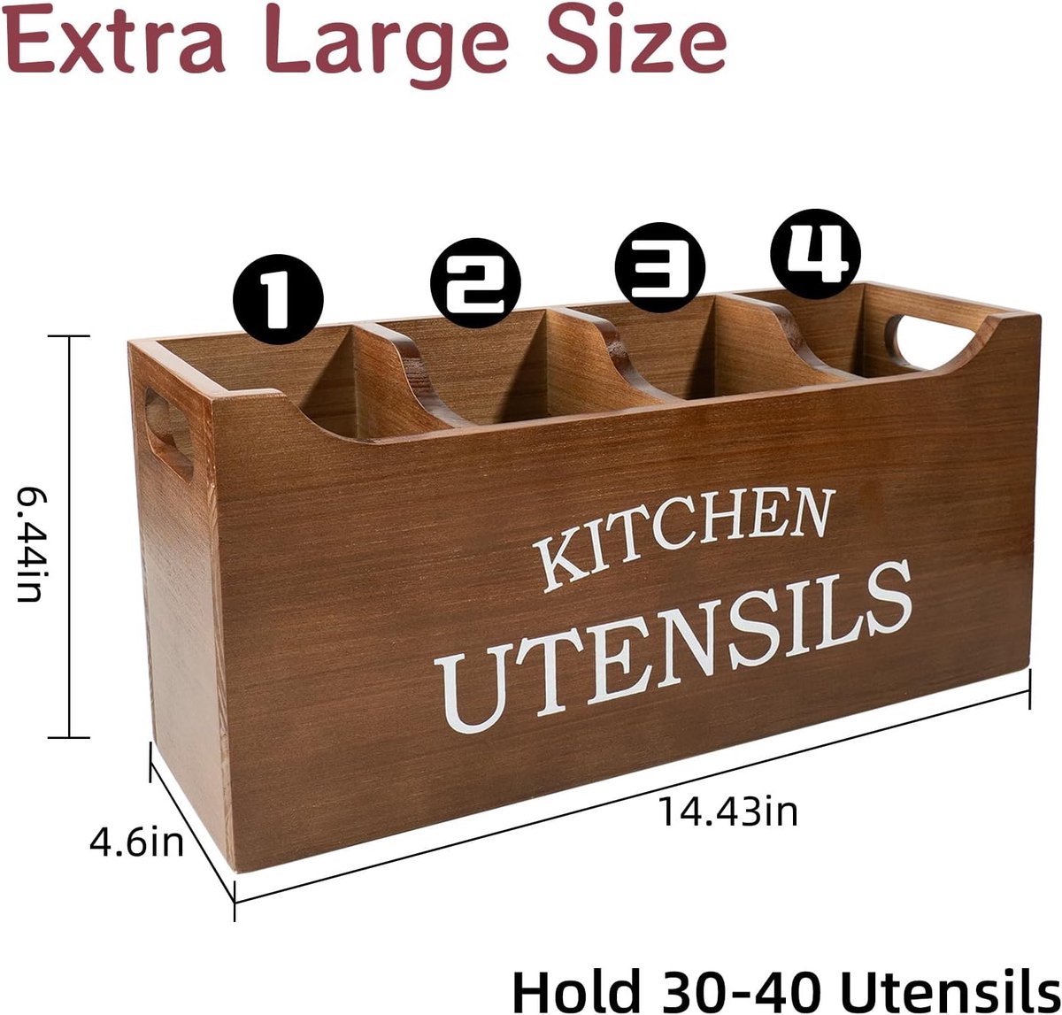 Karisky Utensil Holder for Kitchen Counter, Wood Extra Large 4 Compartments Kitchen Utensil Holder with Drainage - ShopVlot