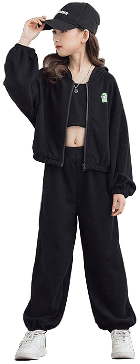 SnelShoppen - 3-delig Joggingpak voor Meisjes - HipHop Outfit - Sweatjack + Sportbroek + Crop Top - Zwart - Maat 122-128 - Perfect voor Sport, Spelen