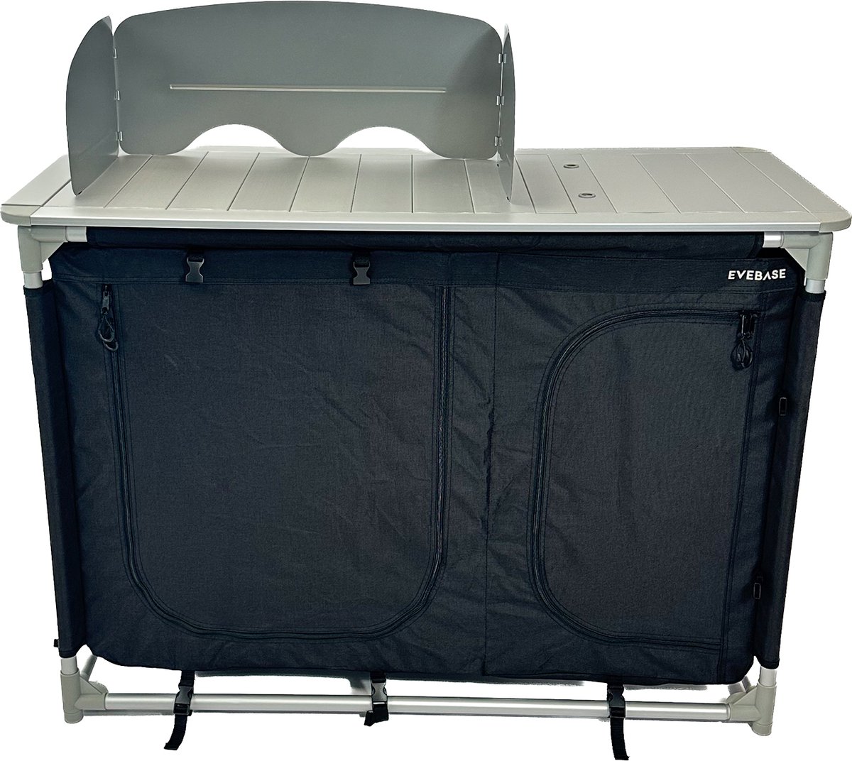 EveBase Silver - Campingkeuken/Campingkast met Windscherm/Wasbak - Ruim Werkblad - Zwart/Zilver